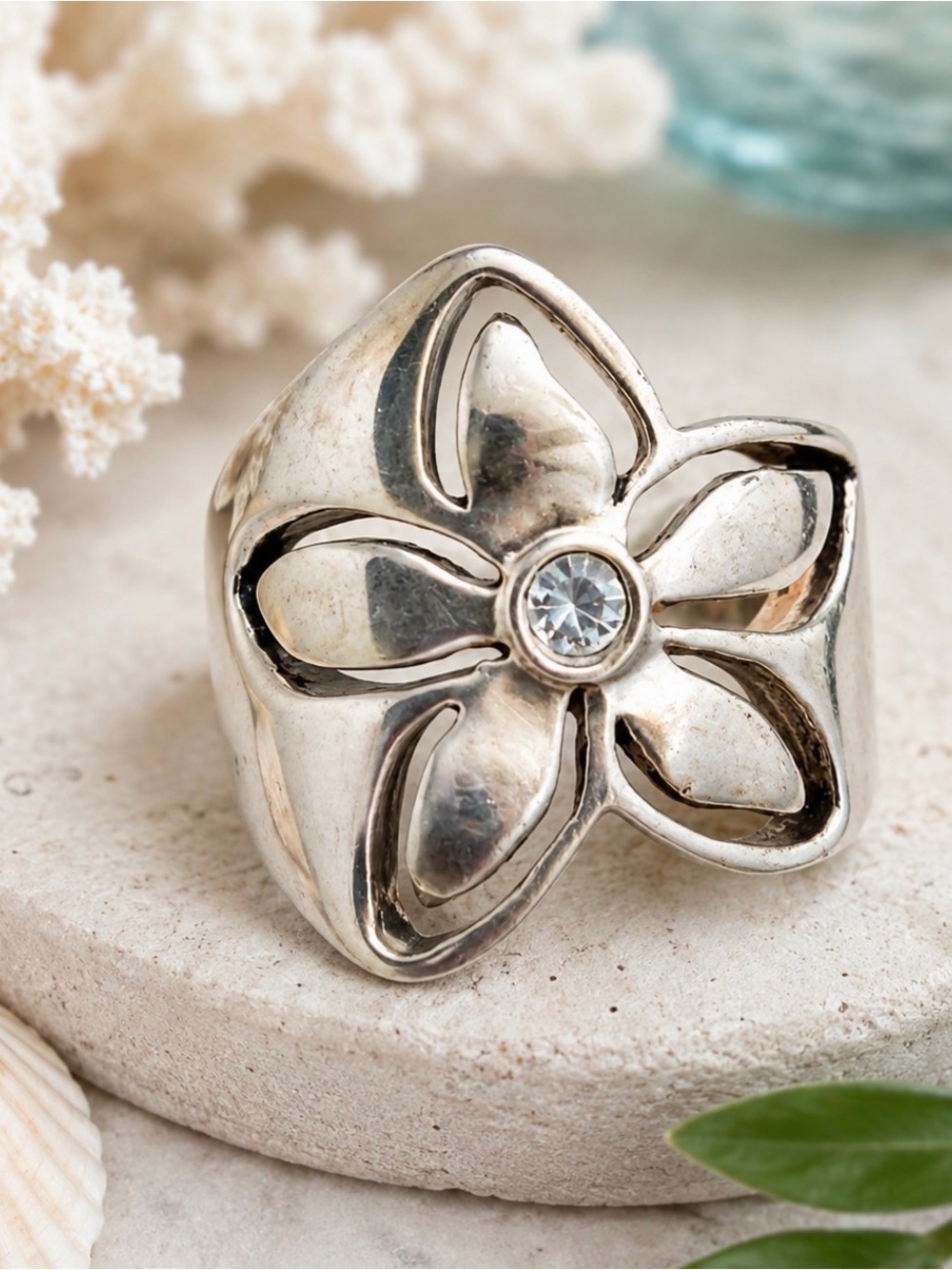 PREMIER DESIGNS JOY INSPIRATION RING SIZE 7 3/4 SILVER FLOWER FUN SUMMER